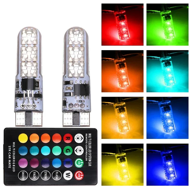 T10 W5W 194 5050 LED RGB Lights Car Interior Wedge Side Signal Clearance Remote Control Bulbs Multi-Color Lamps Kit