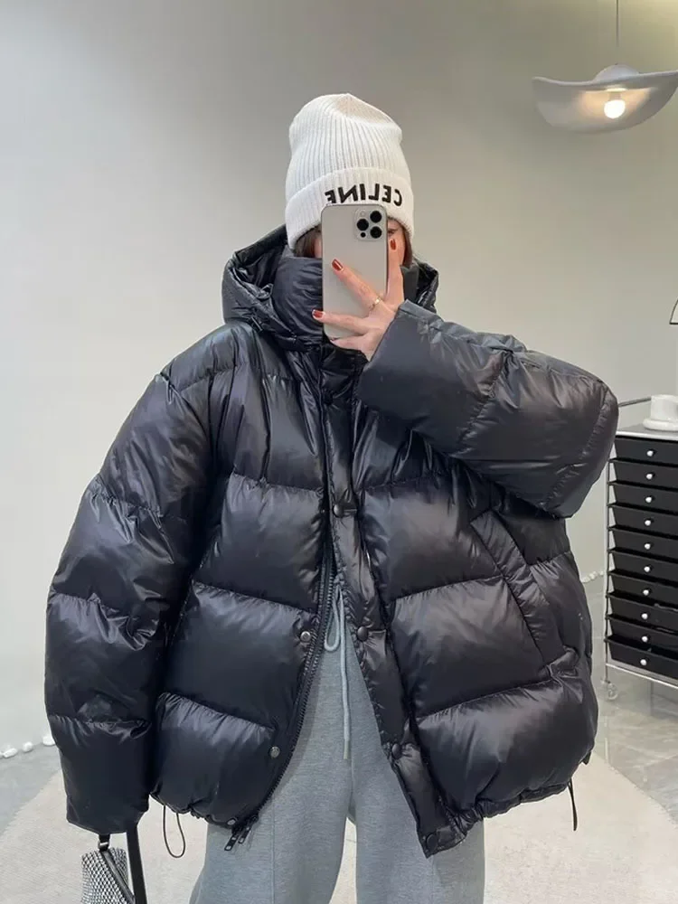 90% Duck Down Jacket Women Fall 2024 New Long Sleeve Thicken Warm Loose Puff Jackets Chic with Hood Oversized Winter Coat Women