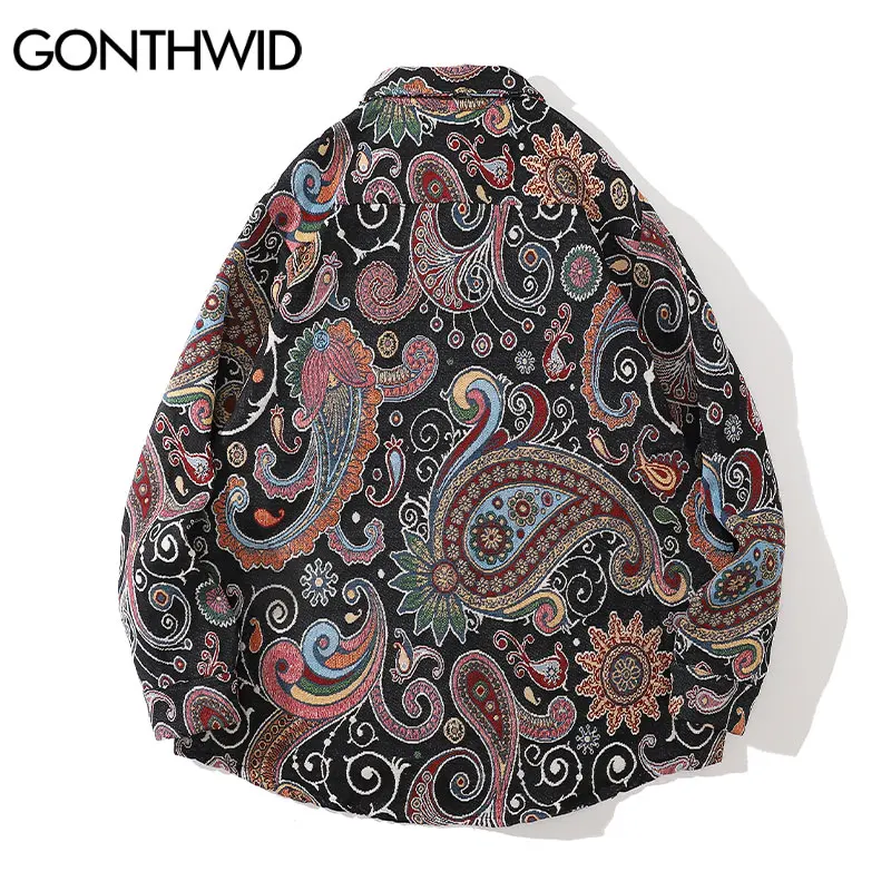 GONTHWID Harajuku Streetwear Shirts Coats Graffiti Bandana Paisley Pattern Pockets Shirt Hip Hop Fashion Long Sleeve Button Tops