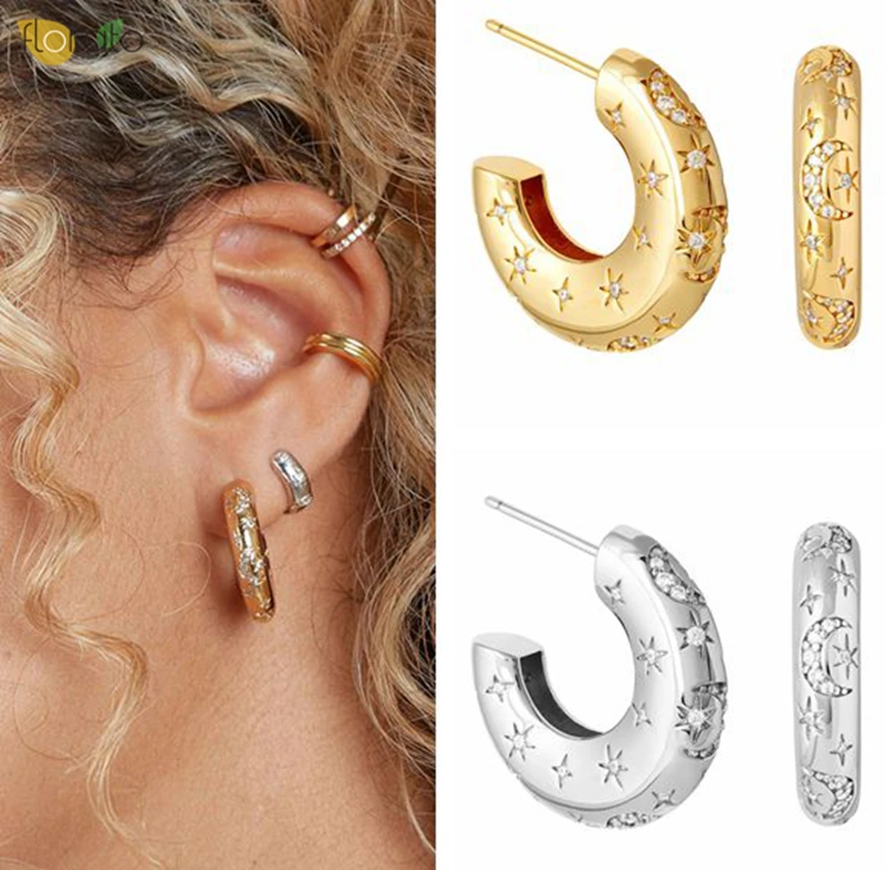 

925 Sterling Silver Ear Needle luxury popular hoop earrings white zircon star and moon design exquisite earrings for women