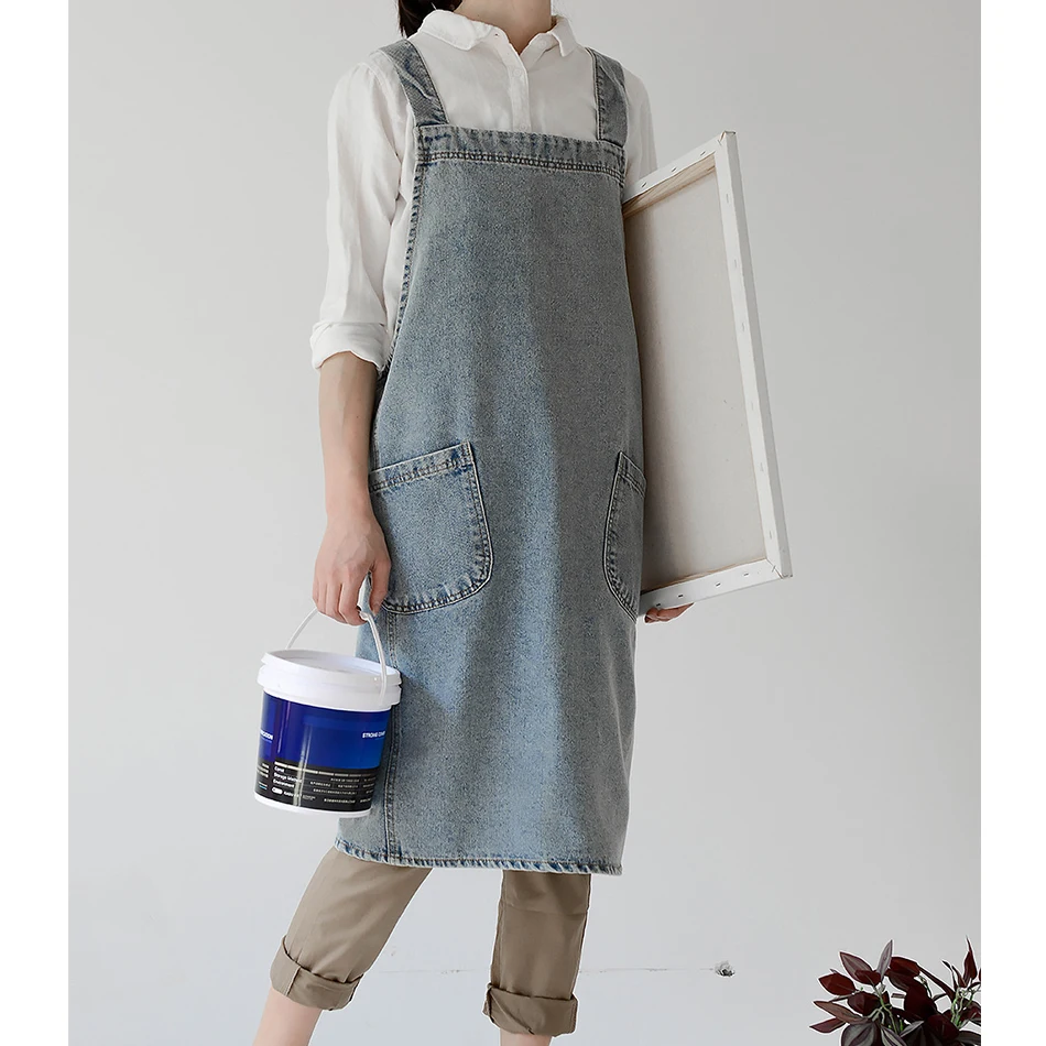 Cotton Denim Multi Pocket Denim Apron for Chef Kitchen BBQ and Studio Gardening Coffee Shop Cooking Baking Painting