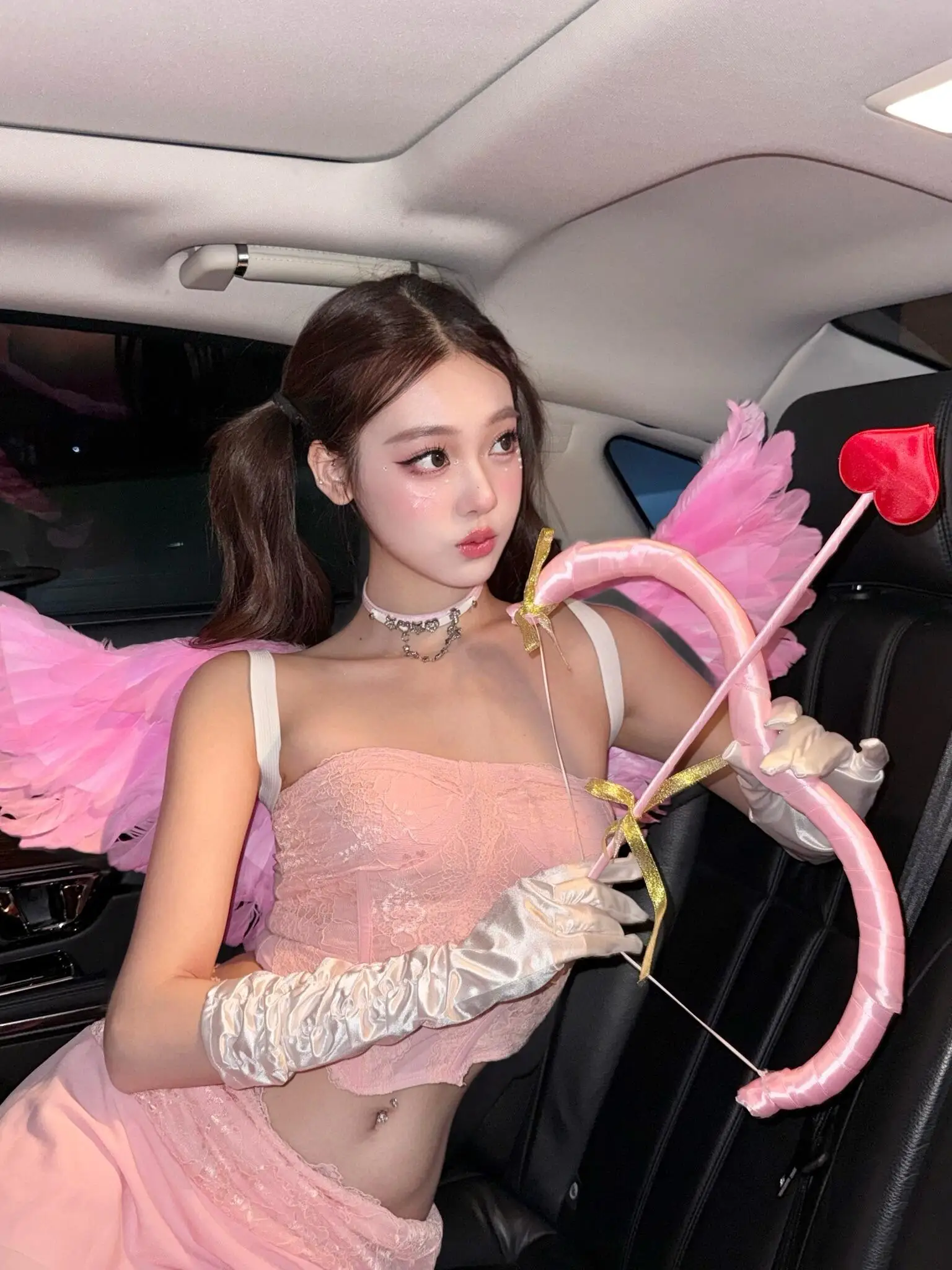 Rosa Engel Halloween Amor Cosplay Outfit Spitze Crop Top Weste f Rock Set Damen Ethnisches Kostüm Bühnenaufführungskleidung