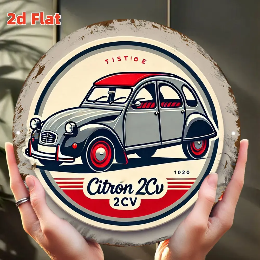 High Definition Metal Tin Sign Citroen 2CV Classic Car Vintage Round Wall Art Decor for Retro Auto Lovers Garage and Themed Home