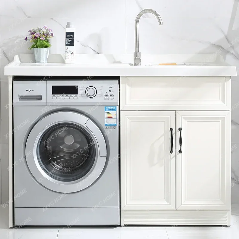 A Washing Machine Cabinet Balcony Hand Washbasin Table Integrated with Washboard Combination Roller Partner Height