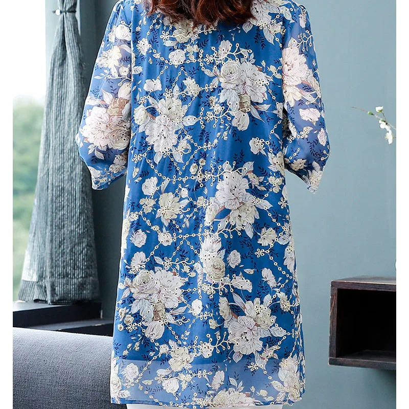 Summer POLO Collar Fashion Half Sleeve Shirt Women High Street Casual Loose Button Cardigan Printing Elegant Mid-length Blouse