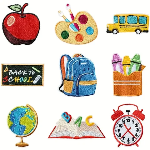 9Pcs Embroidered Patches for Clothes, Cute School Theme Iron On Patches for Kids & Teens, DIY Appliques for Backpack, Jackets, Hats & School Bags, Clothing Accessories