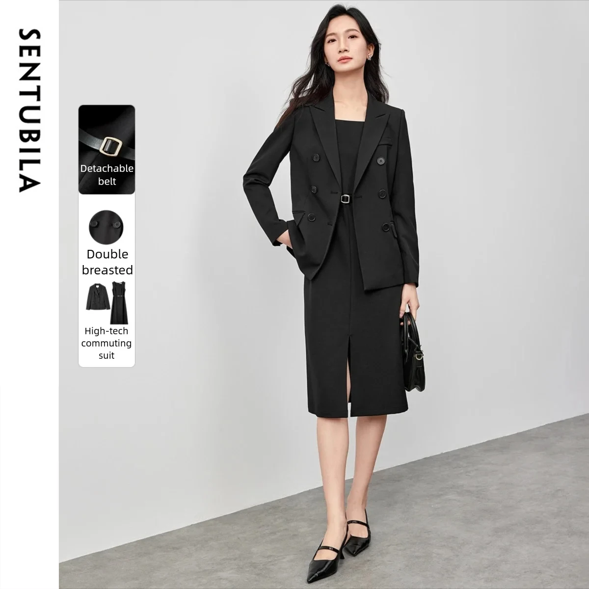 

SENTUBILA Blazer Dress Suit Elegant Autumn 2025 Woman Long Sleeve Lapel Collar Coat Vest Sashes Dress Ladies Sets 151Z80054Z