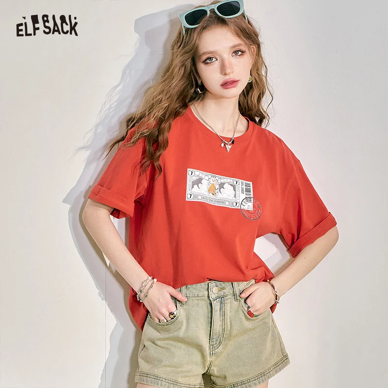 ELFSACK 2024 Summer New Loose Short sleeved T-shirt Slim and Casual Versatile Basic Top