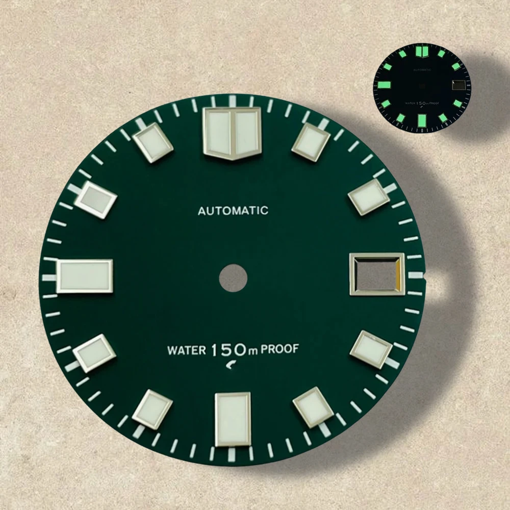 หน้าปัดนาฬิกาแบบด้านขนาด 28.5 มม. พร้อมโลโก้ S เหมาะสำหรับกลไกญี่ปุ่นรุ่น NH35/NH36/4R/7S พร้อมสารเรืองแสงสีเขียว สำหรับนาฬิกาดำน้ำคุณภาพสูง อุปกรณ์ตกแต่งนาฬิกา