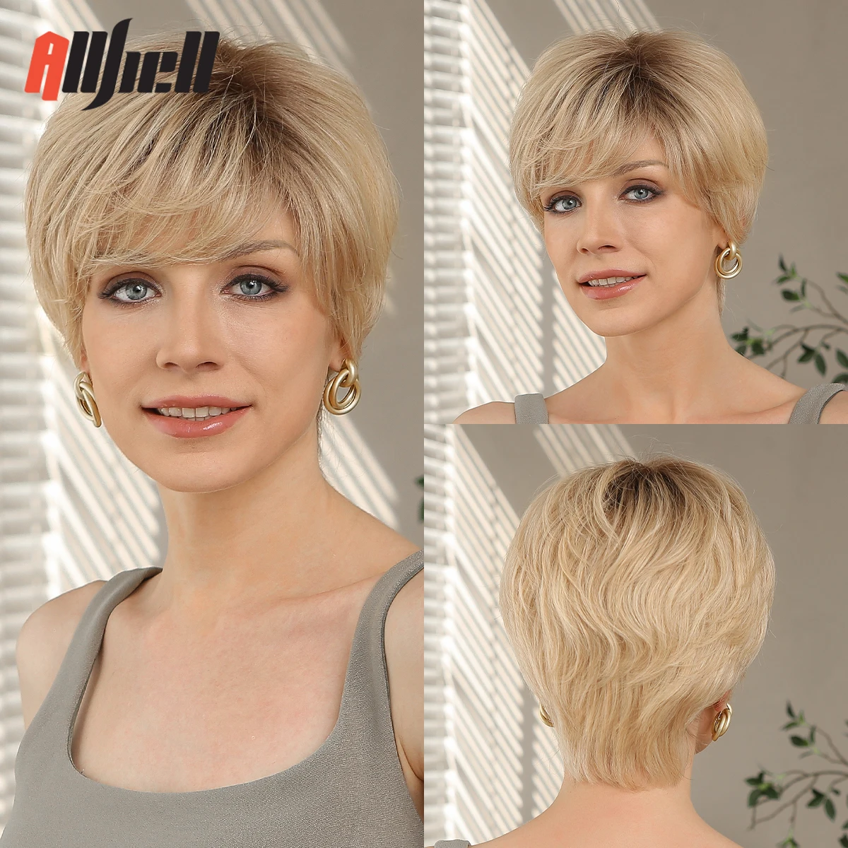 Perruque Naturelle Remy Coupe Pixie pour Femme, Cheveux Courts, Blond Ombré, Transparent HD