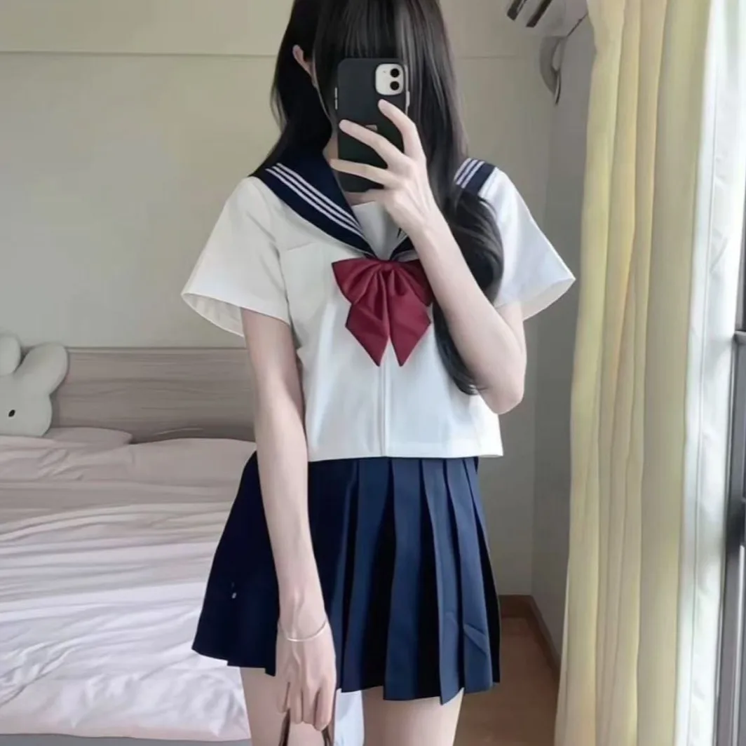 

Sweet Style Basic JK Uniform Large Size Student Short Sleeve Sailor Suit Set Black Three Books Middle Part Fashionable School...