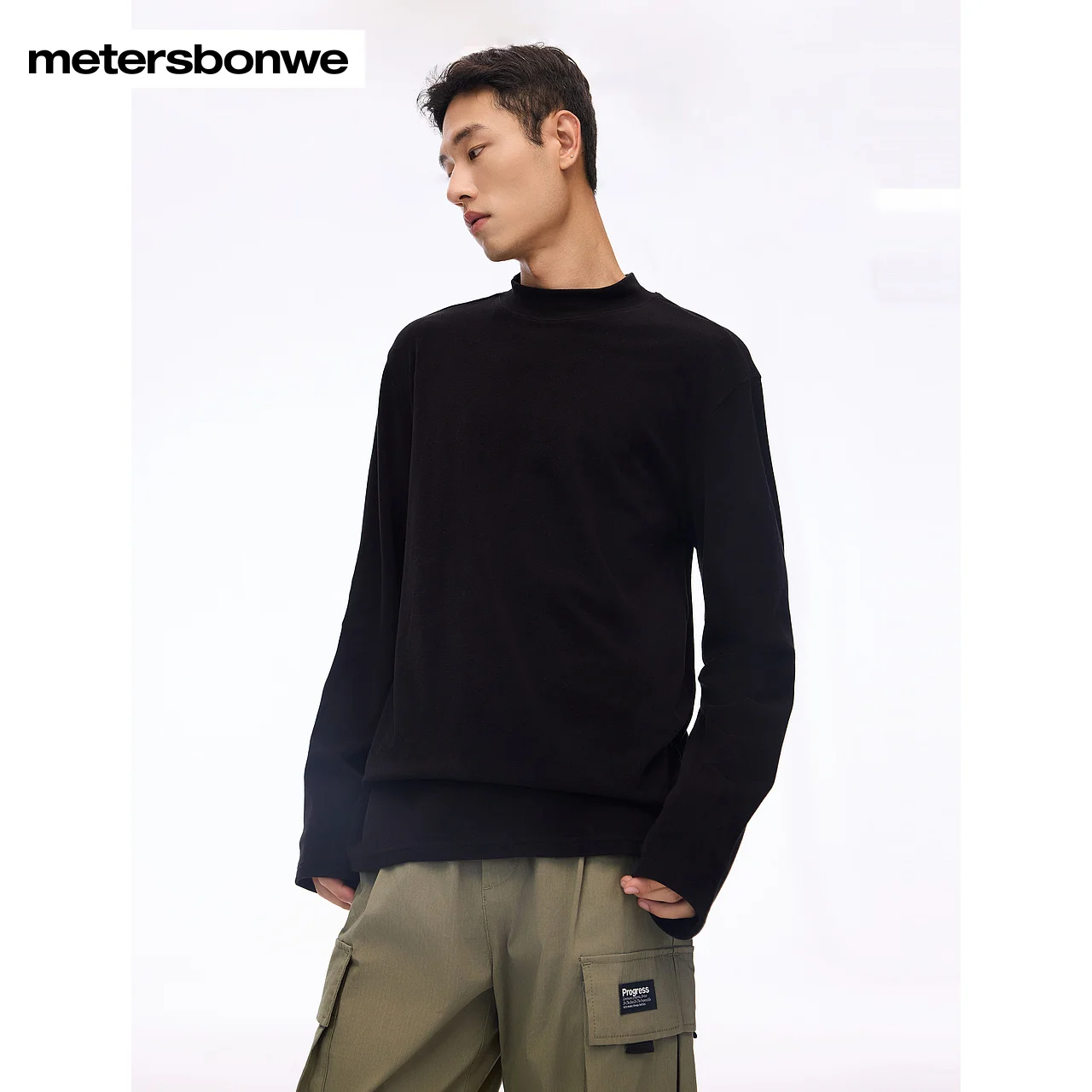 Metersbonwe-Men Women's Mock Neck Knit Long Sleeves T-Shirt Pure Color Regular Fit Basic Tops Commuter Daily Wear Autumn Winter