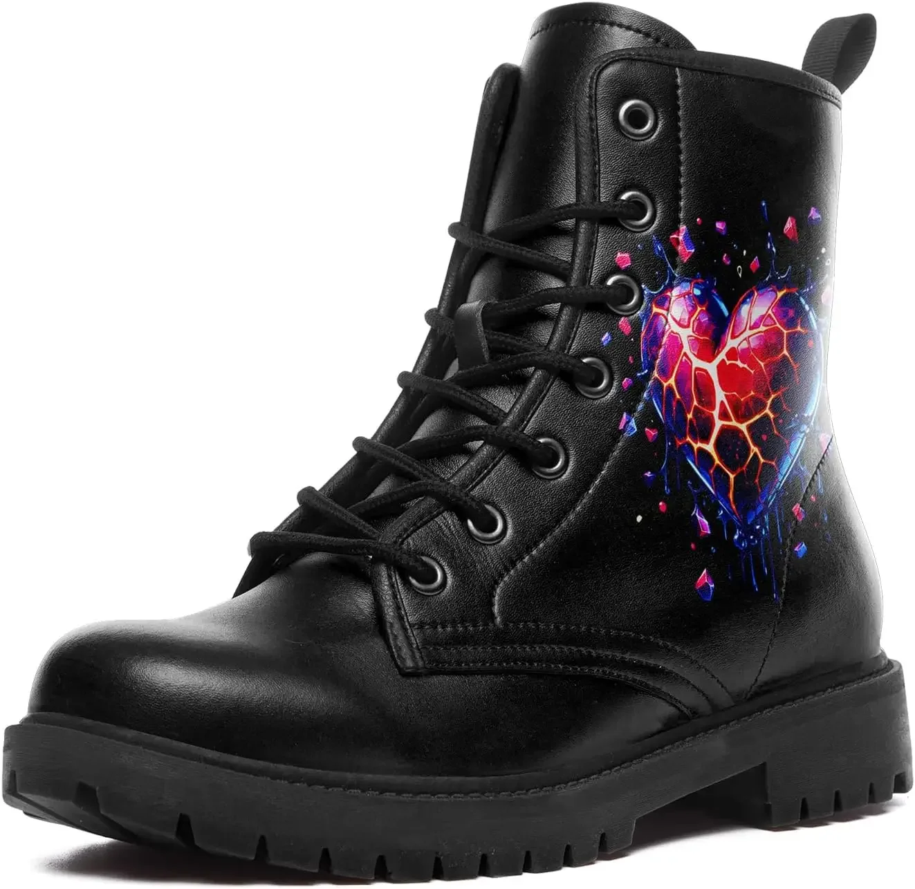 

Women's Combat Ankle Boots, Heart Print Fashion Short Booties Rose and Skull Durable Lace-Up Work Boots, Gift For Her Lover