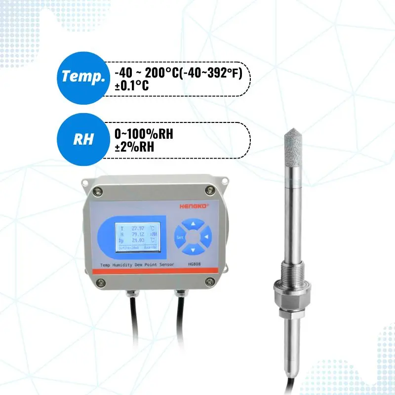 HG808 T 200℃ SS Probe Humidity Temperature Sensor Transmitter Rs485 0-5V 0-10V 4-20mA for Compressed air Monitoring