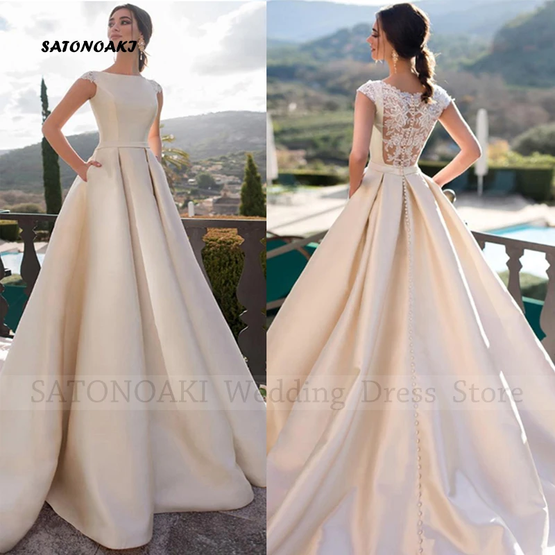 Elegant Simple Boho Satin Lace Wedding Dress for Women O-Neck A-Line Bride Gown with Pockets Vestido De Novia Custom Robe Mariée