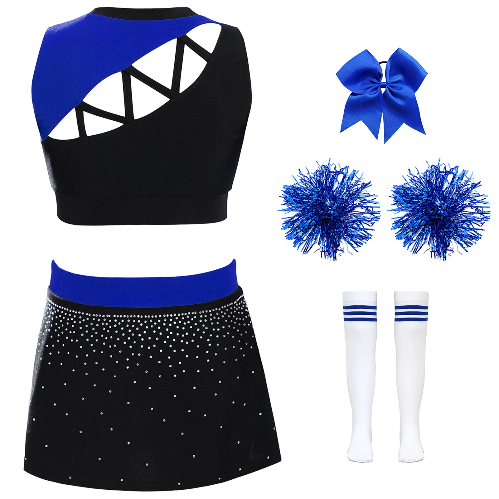 ชุดเชียร์ลีดเดอร์เด็กผู้หญิง ประดับด้วยคริสตัลวิบวับ เสื้อครอปแขนกุดเว้าข้าง+กระโปรงผ่าข้าง+เครื่องประดับศีรษะ+ลูกบอลดอกไม้+ถุงเท้า