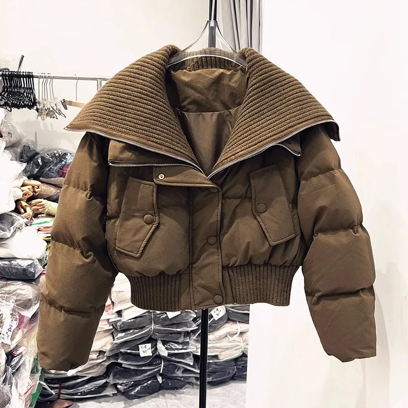 Fashion Women Down Jackets Big Lapel High Waist Zipper Short Puffer Coat Winter Casual Slim Thick Warm Outerwear Female