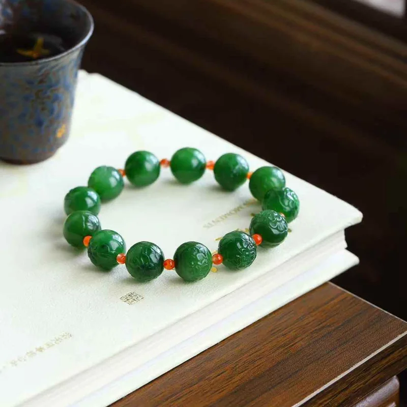 Natural Hetian Russian Material Old Jade Spinach Green Peony Flower Bracelet With Certificate
