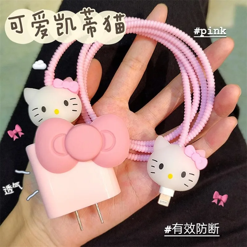 Sanrio Bow Hello Kitty Kawaii Data Cable Protective Cover Apple 14promax suitable for iPhone13 charger case 15 anti-breakage