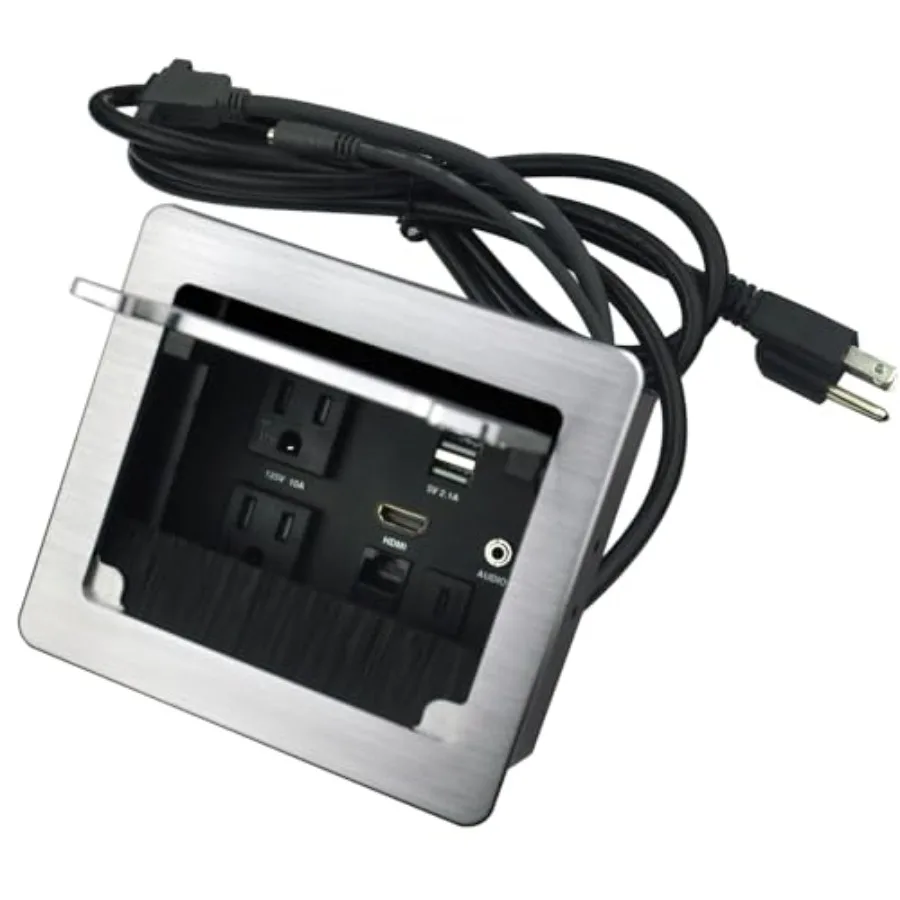 Tabletop Brush Connectivity Box with 2 AC Power + 2 USB Charger + HDMI + 1 3.5mm Audio + USB-C Data + RJ45 cat6 for Conference