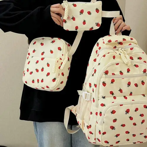 Imagen 2 del producto Mochila de pana, conjunto de tres piezas con estampado de fresa, mochila informal diaria, mochila ligera de gran capacidad para ir al trabajo