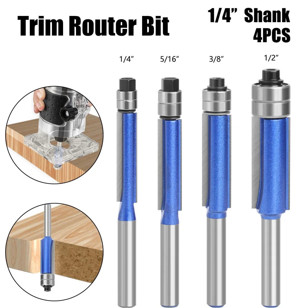 

Sparkling Silver-Blue Double Bearing Flush Trim Router Bit 1/4" Shank Dual Cutting Blades for Woodwork Tool Electric Accessories