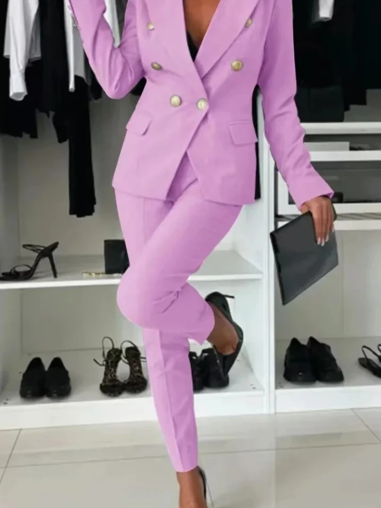 2026 Women's Lapel Button Coat Jacket + Pencil Pants Suit Elegant Business Office 2PCS Set Female Slim Blazer Outfits Sets