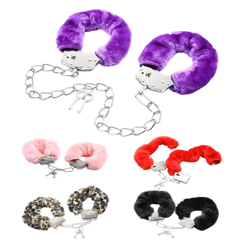 Stage Prop Soft Faux Fur Double Lock Manacle Bracelets for Adult Couples Stainless Steel Wrist Ankle Cuffs with O Ring for Cops