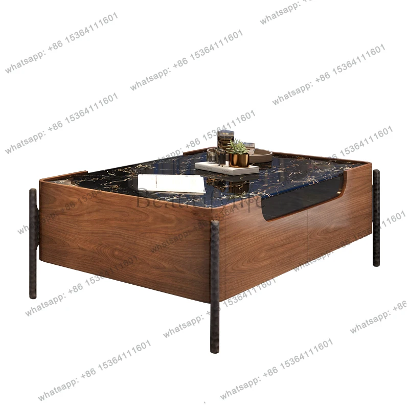 

French retro style solid wood coffee table high-end marble surface coffee table