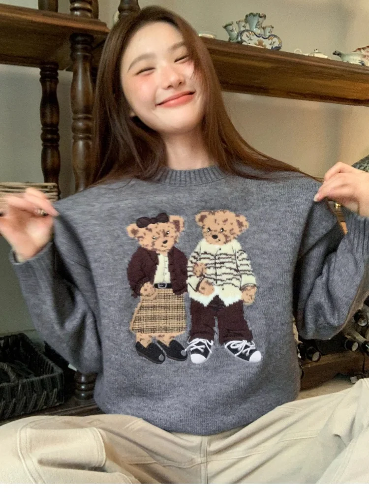 Retro Preppy Loose Winter Sweater Cute Cartoon Jacquard Sweater Gray Jumper Knitwear Korean Trendy Fashion Streetwear Women Tops