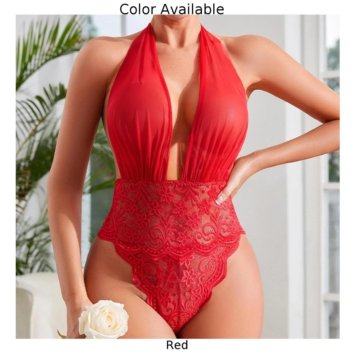 Women Secret Clothes Lace Mesh Sexy Soft Lingerie Breathable Halter See Through Neck Lace Up Bare Back Erotic Jumpsuit Bodysuit