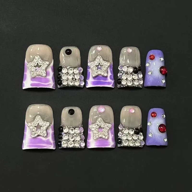 

10 шт., готический набор для ногтей ручной работы с фиолетовым мрамором, акриловый набор для ногтей, многоразовые утиные ногти с акцентами со стразами для женщин