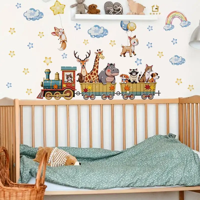 【BA】Cartoon Animal Train Wall Sticker Removable PVC Wall Decoration For Nursery Room Kids Bedroom Home Decor