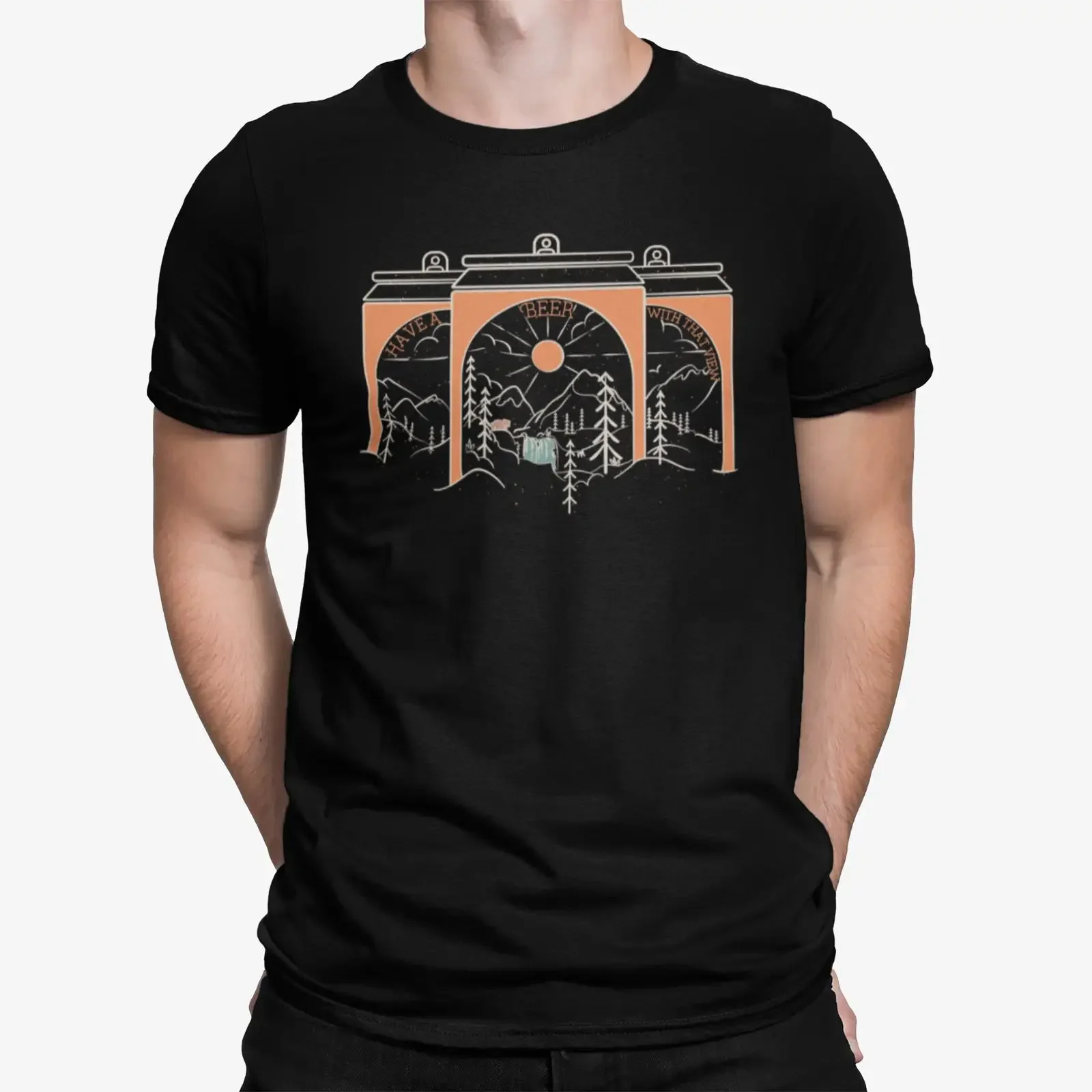 Have A Beer T Shirt with three cans framing mountain and waterfall scenes vintage Washed Top For Everyday Wear designer clothes