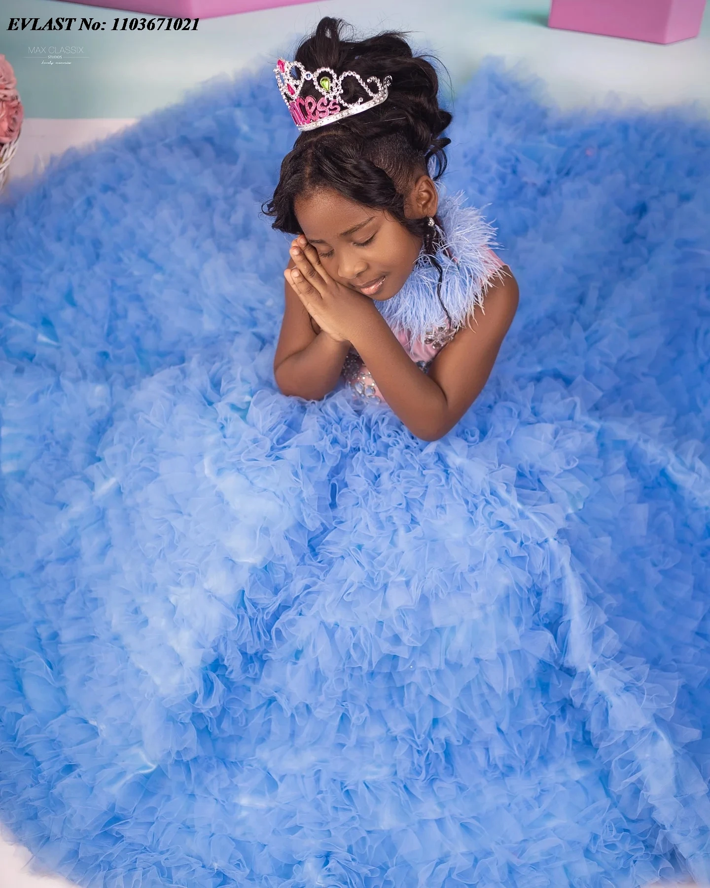 EVLAST Cute Feahter Girl Pageant Dress Flower Girls Dress for Wedding Sky Blue Kids Ruffles Party Birthday Gown Photoshoot FD93