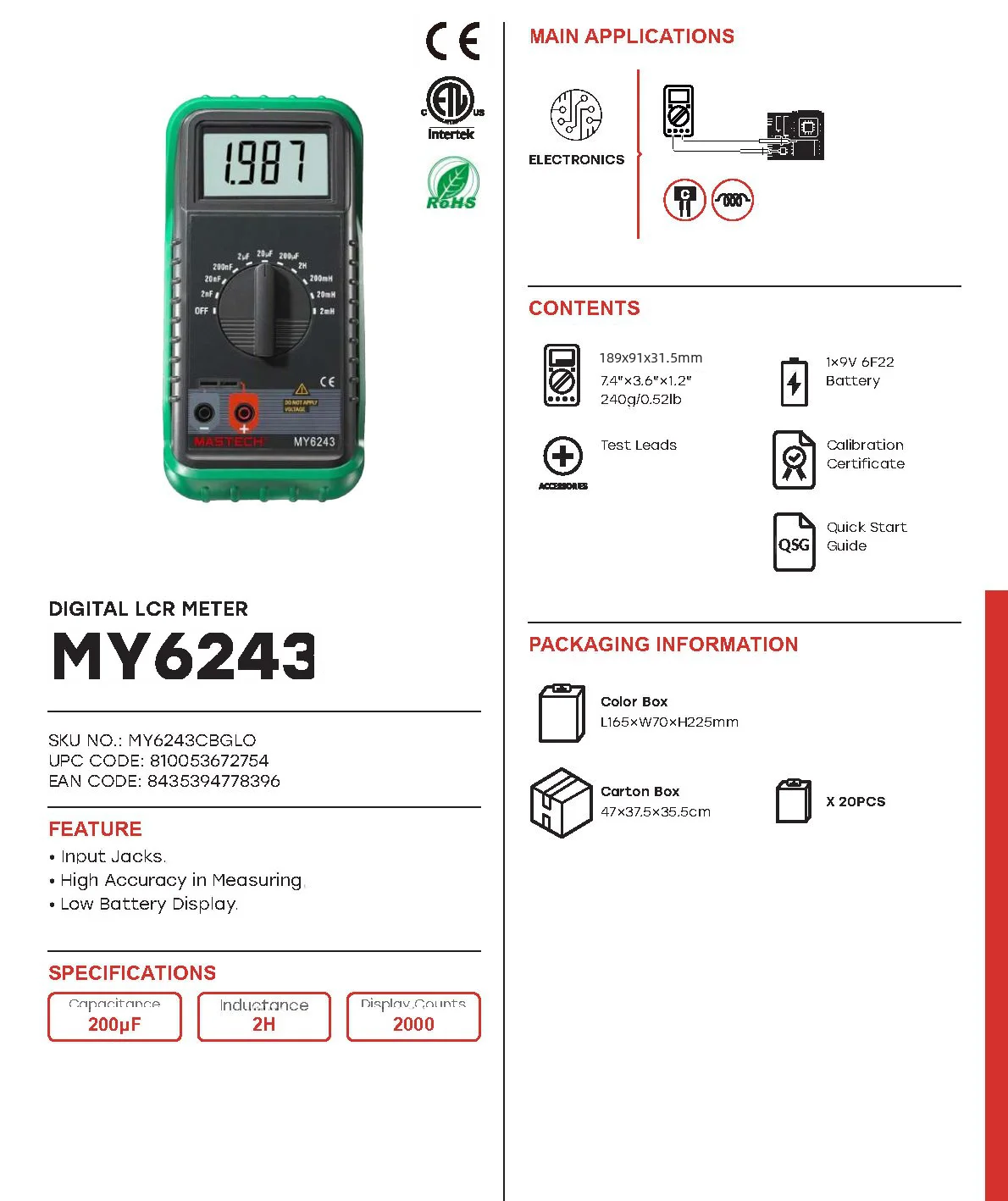 MASTECH MS6013 (MY6013A) MY6243 LCR Meter 1999 Counts Portable 3 1/2 Digital Capacitance Meter Capacitor Tester 200pF to 20mF