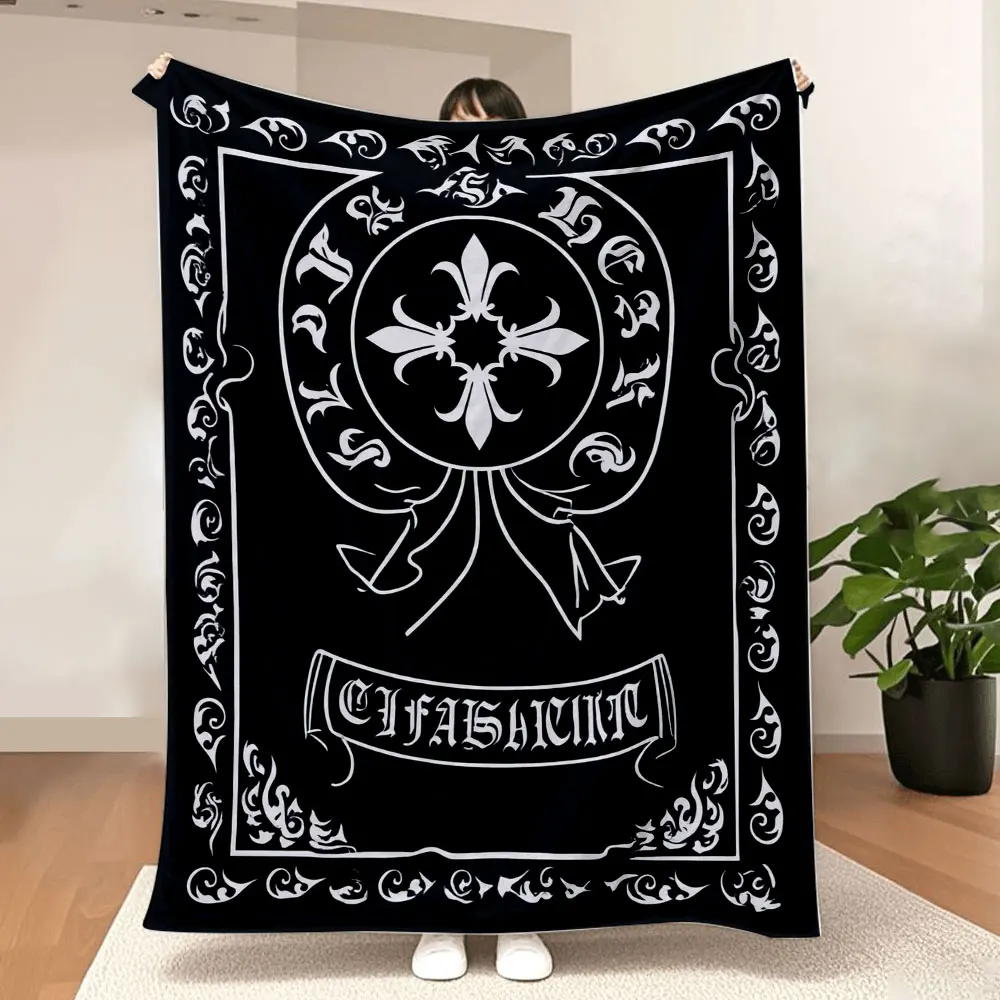 Gothic-Fleur-de-Lis-Emblem-Überwurfdecke – Vintage schwarz-weißes heraldisches Design mit verziertem Schriftrollen, ideal für Gothic-Ästhe