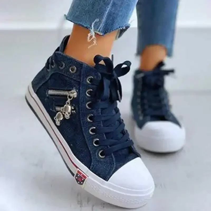 Denim Women Canvas Shoes Skull Metal Decoration Sneakers Retro High-top Casual Sneaker Flat Boots Vulcanized Cowboy Woman Shoes