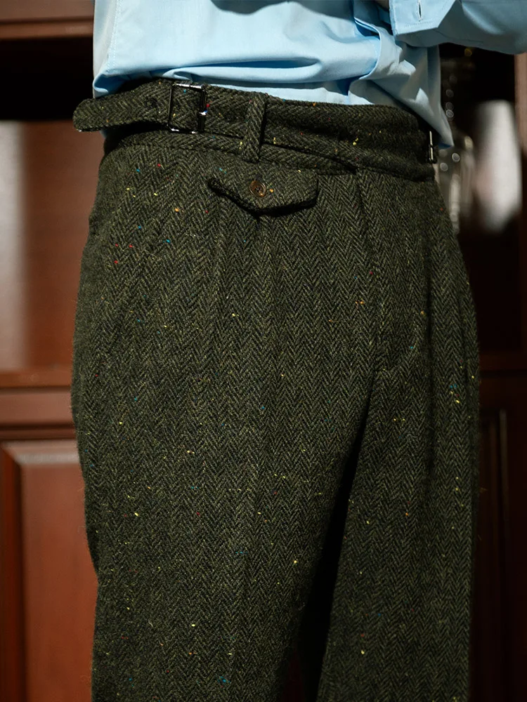 Winter Retro Heren Silhouet Micro Conus Casual Broek Pure Wol Militaire Groene Visgraat Patroon Grove Tweed Gurkha Broek