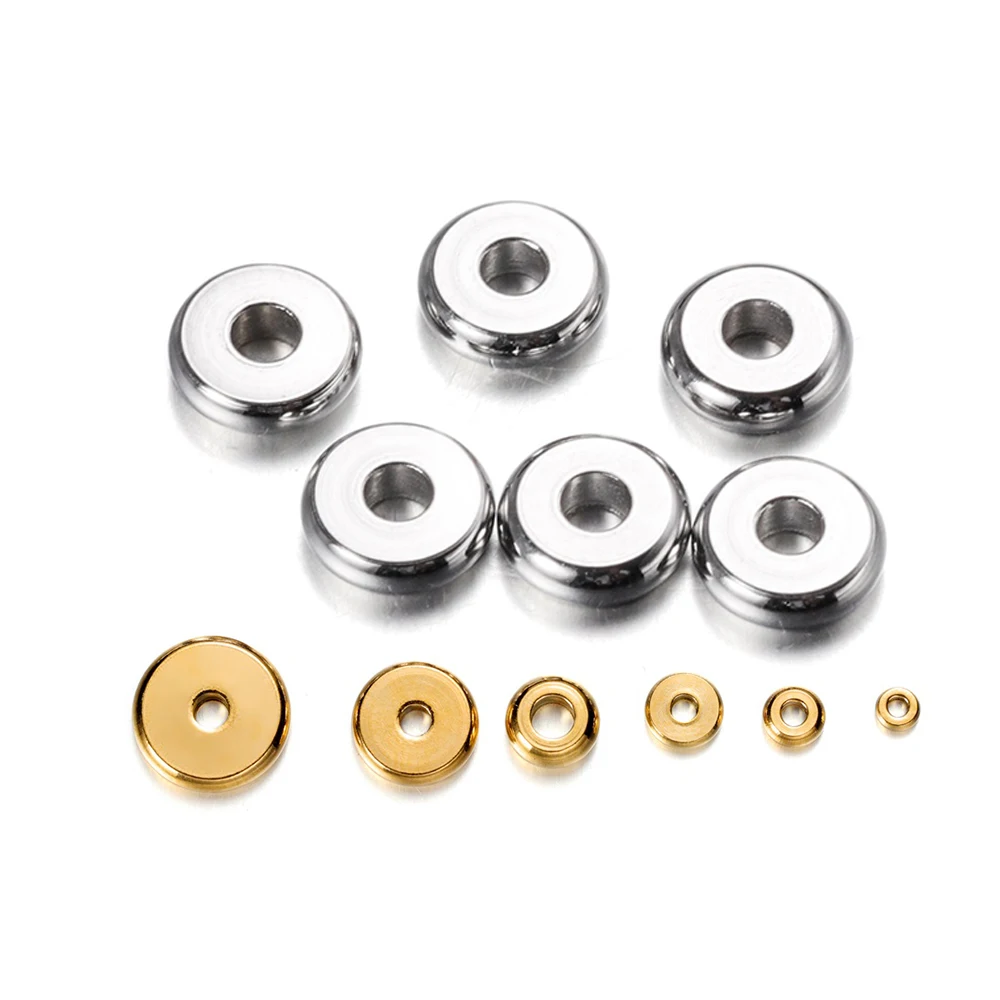 20/50Pcs 3-10mm Stainless Steel Gold Color Flat Round Big Hole Beads Charm Loose Spacer Beads for DIY Jewelry Making Accessories