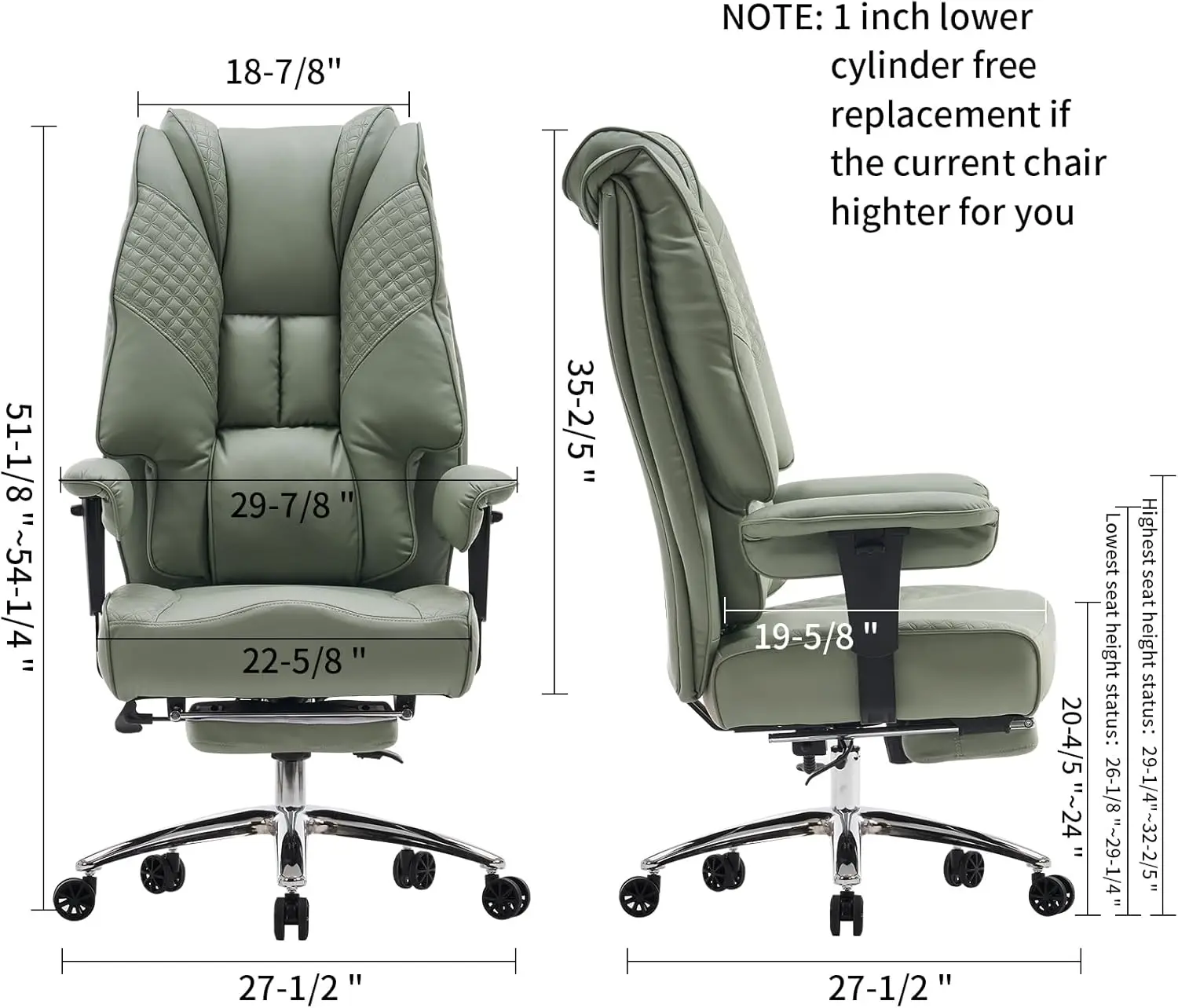 Silla de oficina grande y alta, asiento de 400 libras de ancho, silla de oficina ejecutiva de cuero con respaldo alto y reposapiés (verde claro)