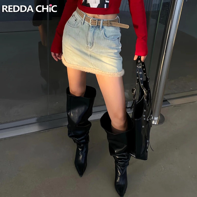 REDDACHiC Women Stitch Faux Fur Thermal Denim Skirt Plush Fleece Lined Light Wash A-line Slim Mini Skirt Casual Winter Clothes