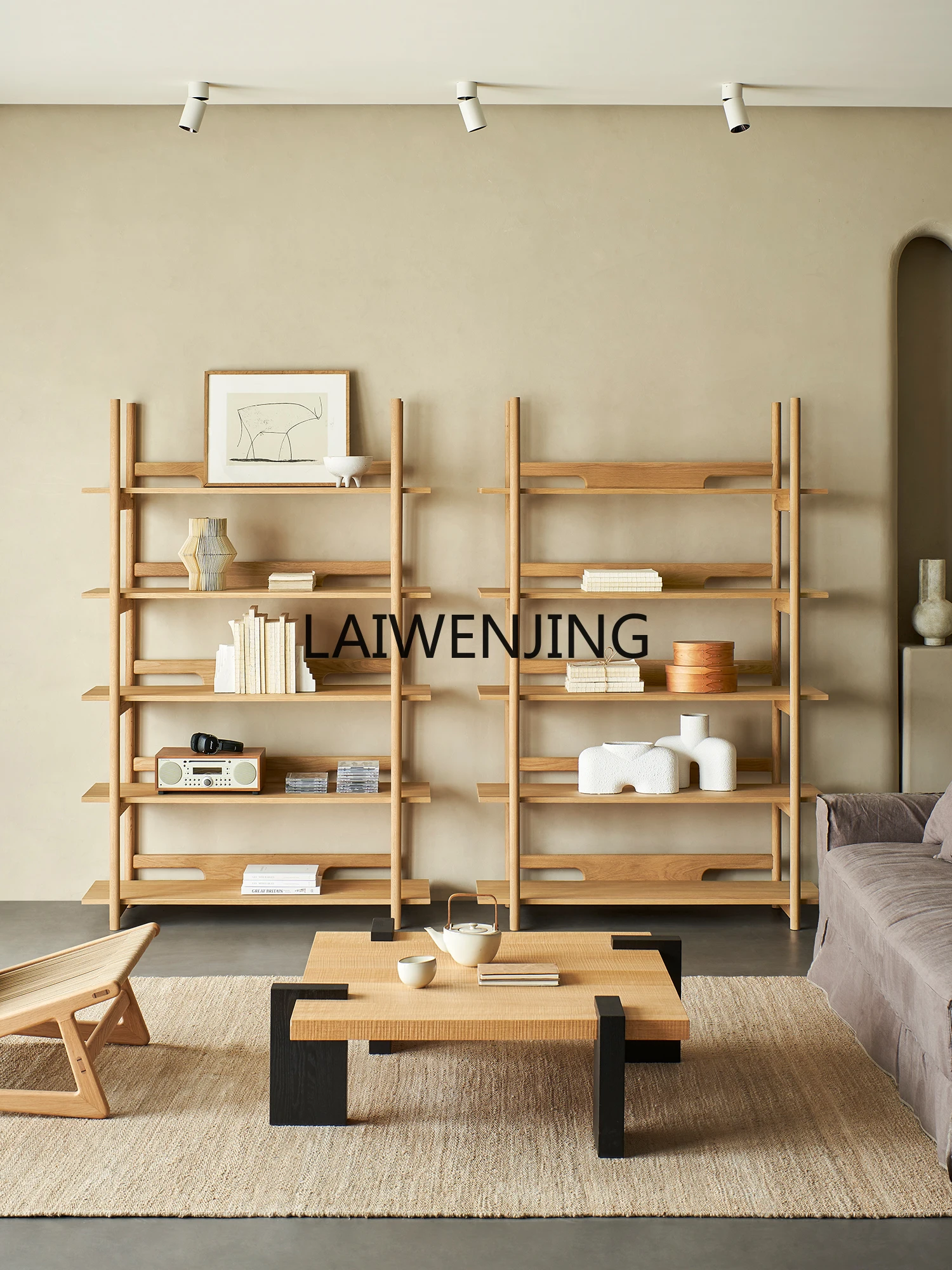 MJY Japanese-style log color household living room integrated wall shelf solid wood bookcase