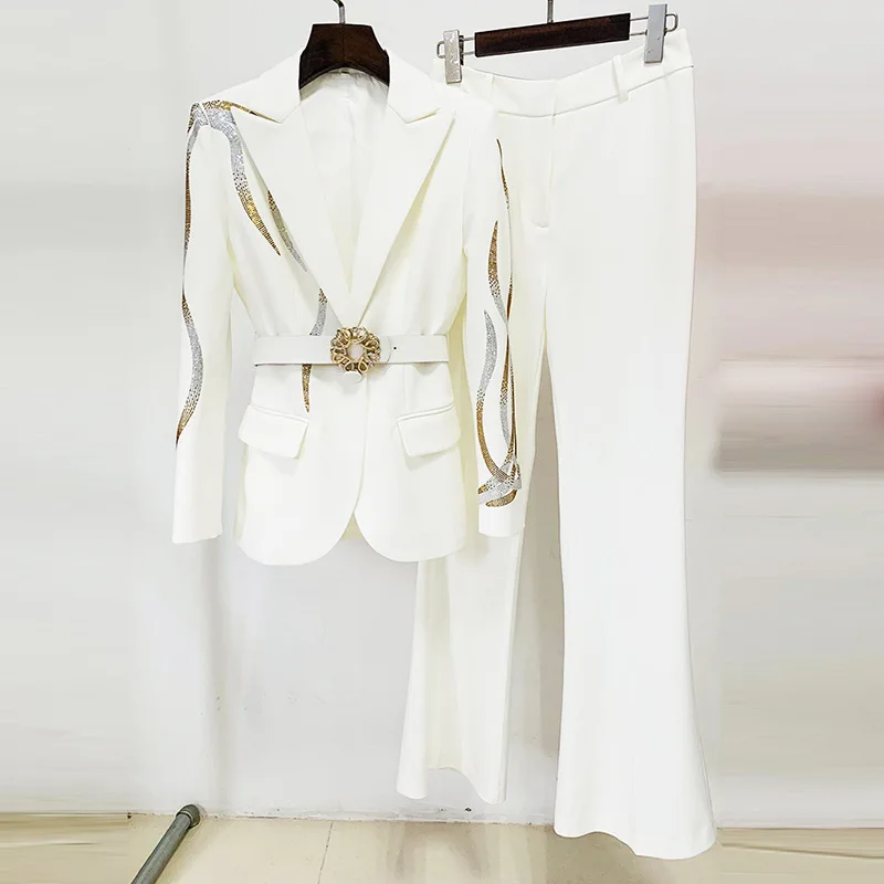 HKSH automne nouvelles femmes deux pièces costume ensemble noir élégant mode coloré diamants ceintures Blazer manteau Chic Ins Flare pantalon HK12641