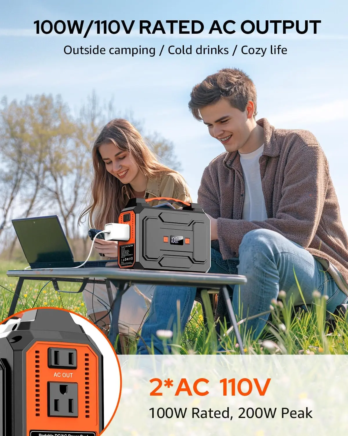 

Portable Power Station Bank 146Wh 200W Peak(100W Rated), Solar Powered Power Bank with AC Outlet 110V