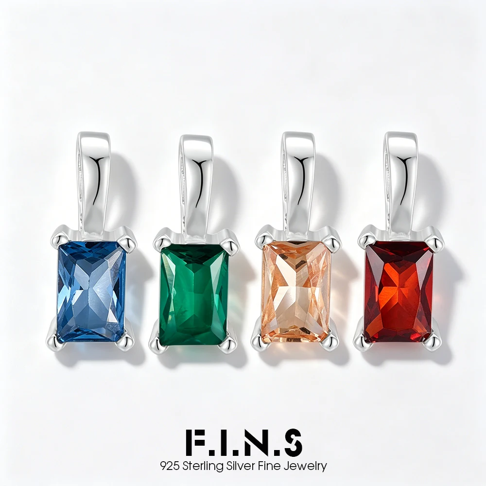 

F.I.N.S Women’s S925 Sterling Silver Four Colour Sugar Cube Pendant Rectangular Zirconia Pendant Geometry DIY Charms Fine Jewel