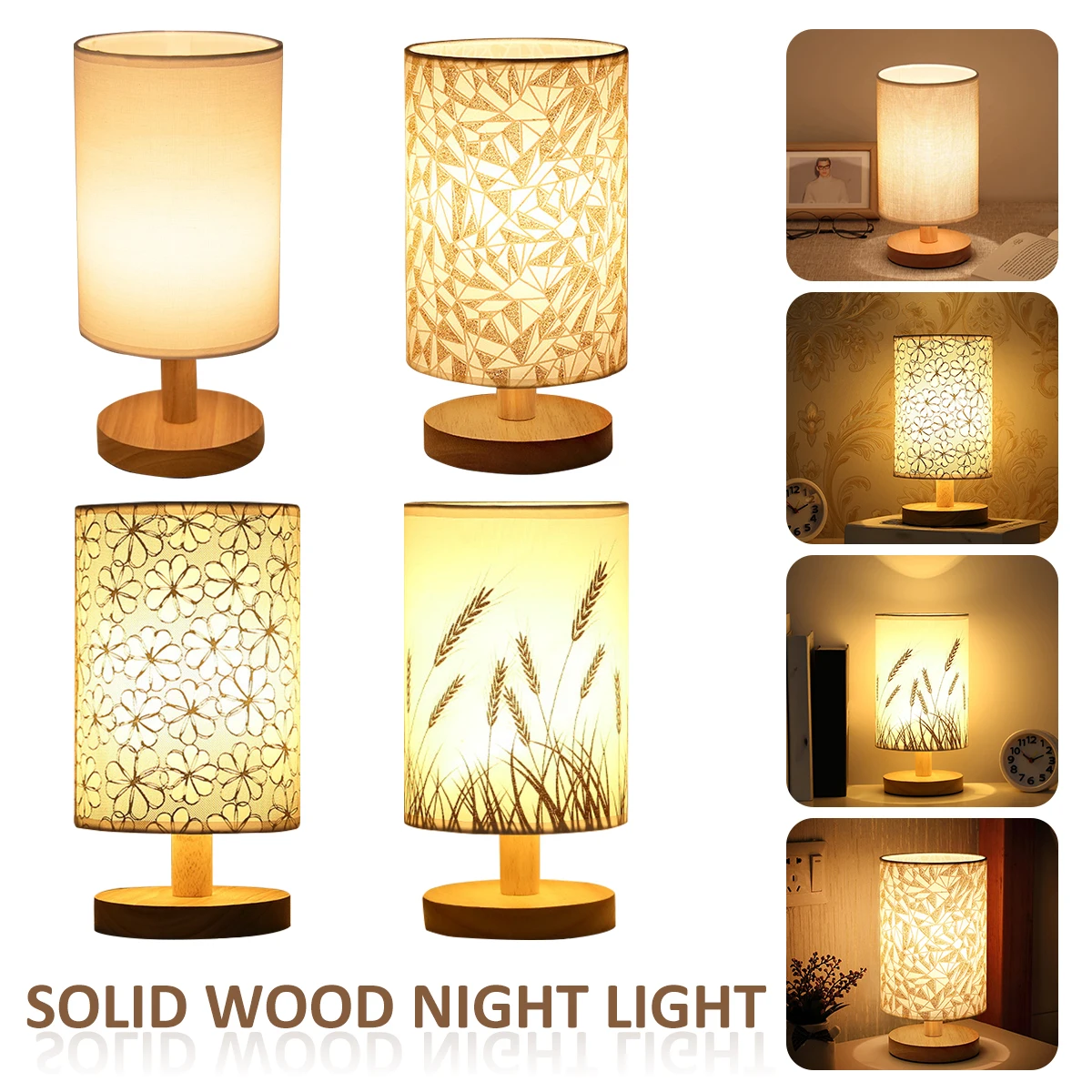 Wooden Linen Table Lamp Touch Control LED Linen Night Light With Warm White Light Bedside Table Light USB Powered Home Décor