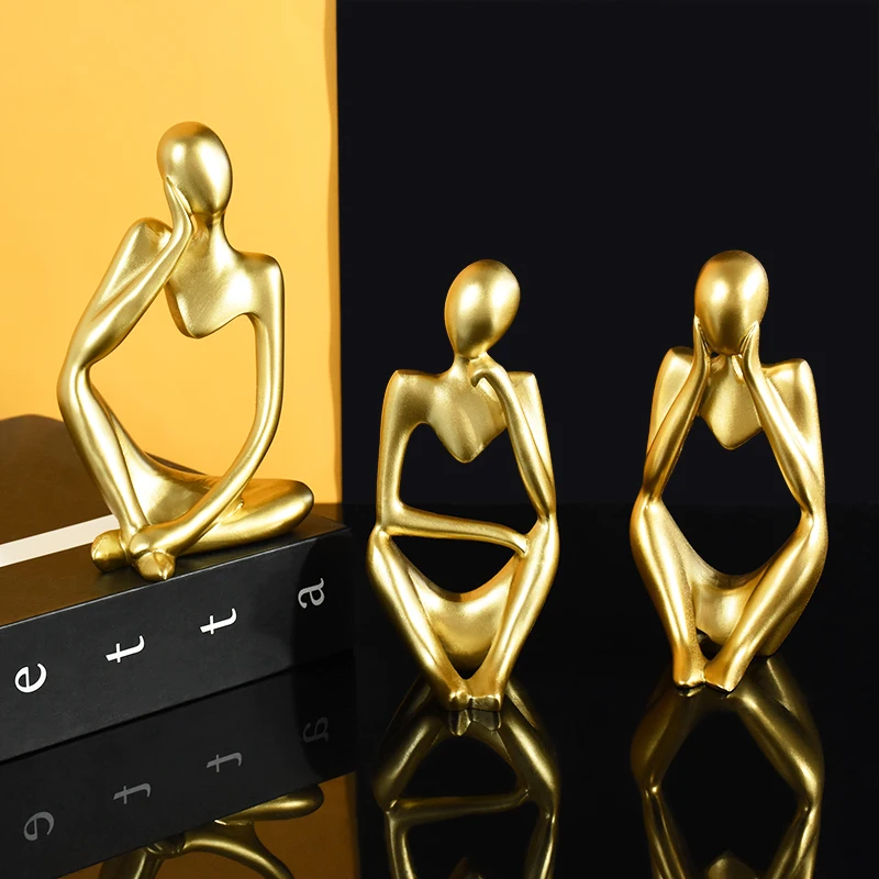 1pc Nordic Thinker Statue Golden Abstract Sculptures Handmade Thinker Figure Ornaments Crafts Art for Home Office Desktop Decor