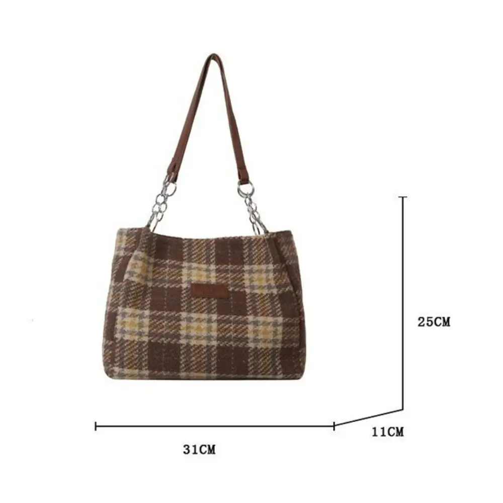 High Capacity Shoulder Bag Fashion Plaid Versatile Tote Bag Woolen Underarm Bag