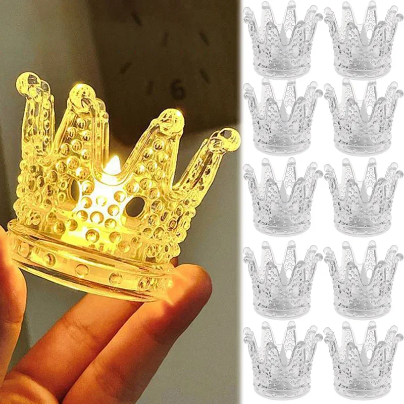 

Clear LED Crown Candle Light Battery Powered Night Light Cute Crown Water Drop Wick Warm Light Festive Decoration Birthday Gift